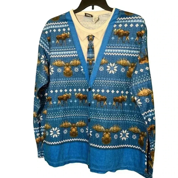 Men's Briefly Stated Moose Ugly Christmas Pajama Top XL Blue - Picture 1 of 6